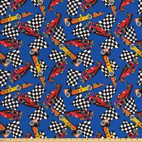 Race Car Fabric By The Yard Cartoon Style Interpretation Of Checkered