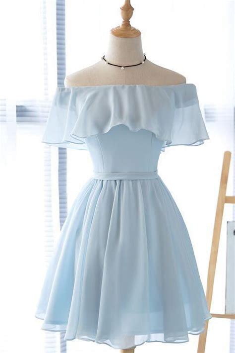 Cute Light Blue Off The Shoulder Short Prom Dresses Chiffon Homecoming Dresses On Sale