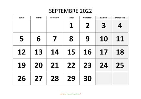 Calendrier Septembre 2022 à Imprimer