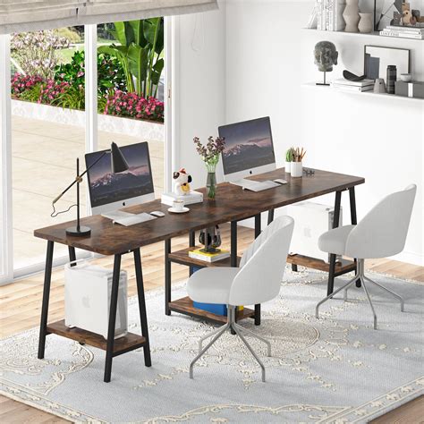 Tribesigns Rustic Brown Double Computer Desk With Shelves 945 Inches