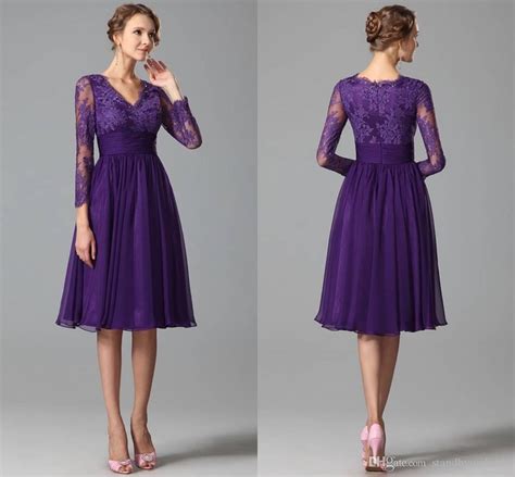 New Purple V Neck Lace Party Dresses For Women With Long