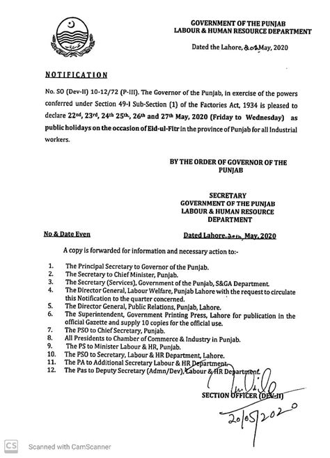 Eid Ul Fitr 2020 Holidays Notification Labour And Human Resource Department