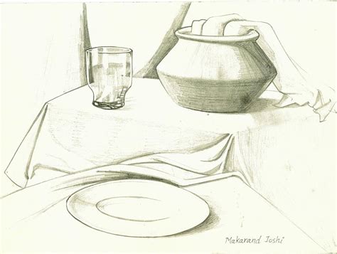 Still Life Drawing With An Earthen Pot N A Glass N A Plate N A Cloth