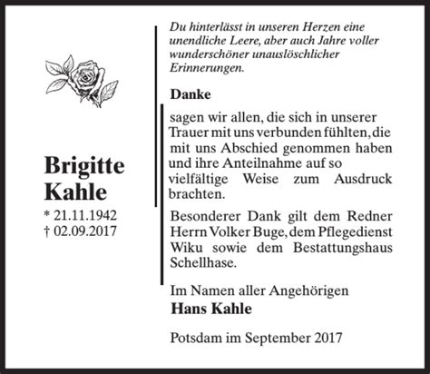 Traueranzeigen Von Brigitte Kahle Trauer Anzeigende