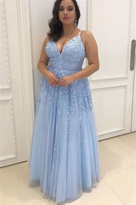 Elegant Straps Sky Blue Tulle Long Prom Dress With Lace Appliques