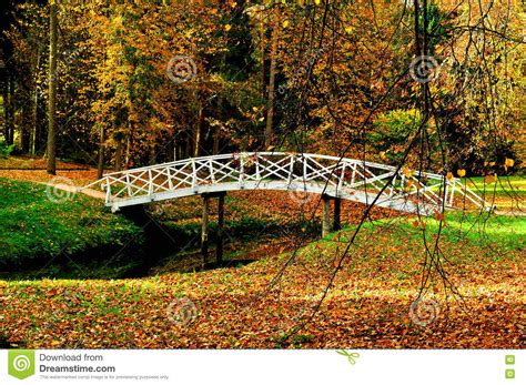 Autumn Landscape White Wooden Bridge In The Autumn Park Among The