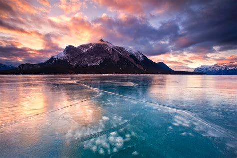 Mountains Winter Lake Clouds Ice Frost Canada Snowy Peak Yellow