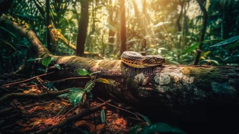 Yellow Snake Sitting On Top Of Tree Branch In Forest With Sunbeams