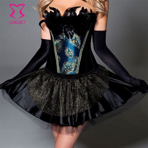 Corzzet Black Blue Satin Sequined Peacock Feathers Sexy Gothic Corset Top Overbust Corpetes E