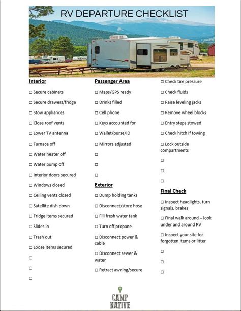 Rv Departure Checklist Suv Camping Camping Ideas Rv Camping Tips