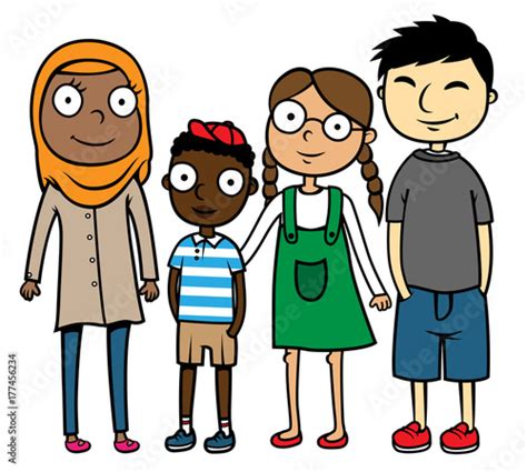 Cartoon Vector Illustration Of Happy Multicultural Multiracial