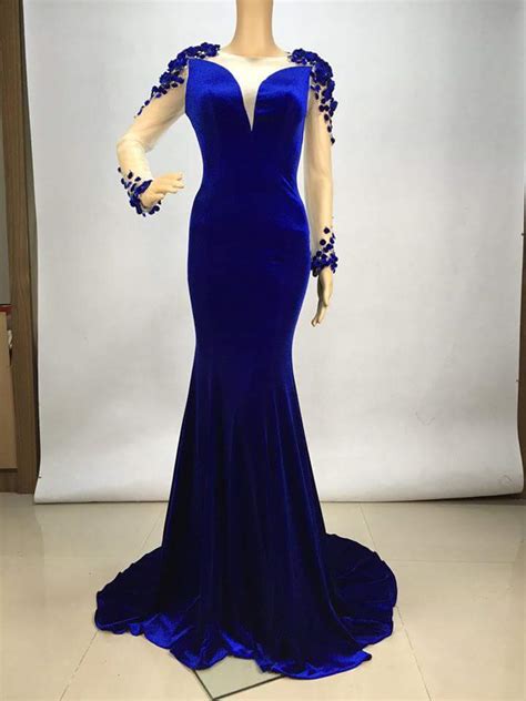 Sexy Royal Blue Long Sleeve Beaded Chiffon Long Prom Dress Evening Dresses On Luulla