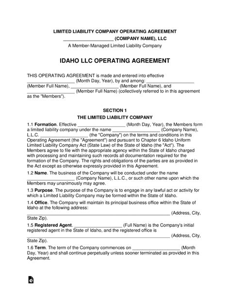 Free Idaho Multi Member Llc Operating Agreement Form Pdf Word Eforms