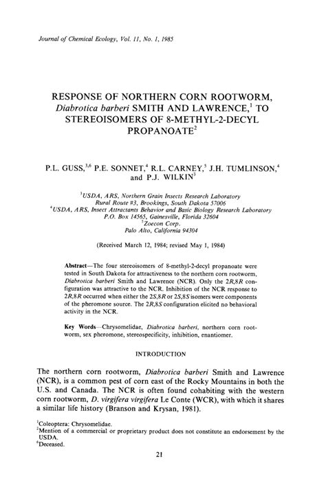 Pdf Response Of Northern Corn Rootworm Diabrotica Barberi Smith And Lawrence To