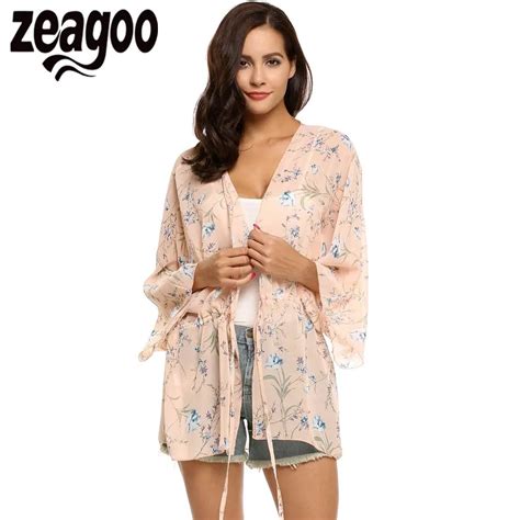 Zeagoo 2018 Fashion Women Casual Blouses Batwing Sleeve Floral Printed Lace Up Waist Chiffon