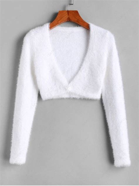 32 Off 2021 Cropped Fuzzy One Buttoned Cardigan In White Zaful