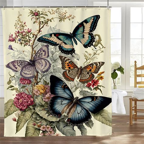 Butterfly Shower Curtain Retro Flower Butterfly Shower