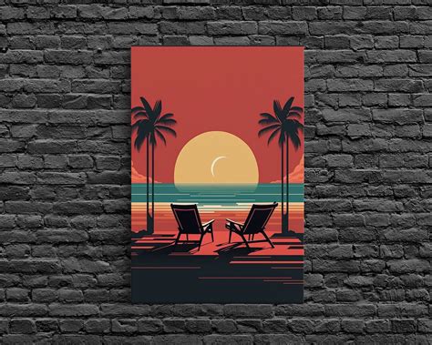 Art Deco Sunset Beach Scene Framed Canvas Print Retro Etsy