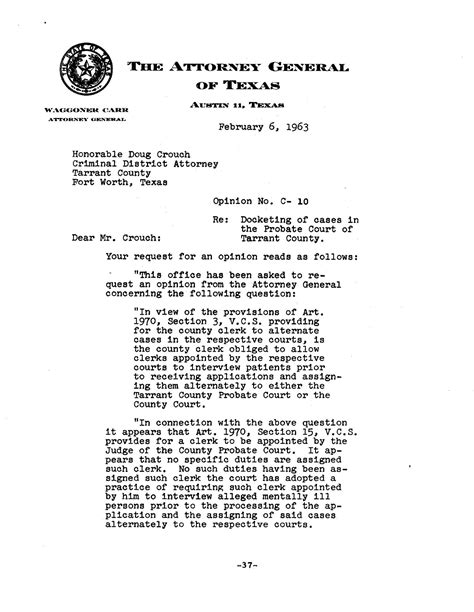 Texas Attorney General Opinion C 10 Page 1 Of 6 The Portal To