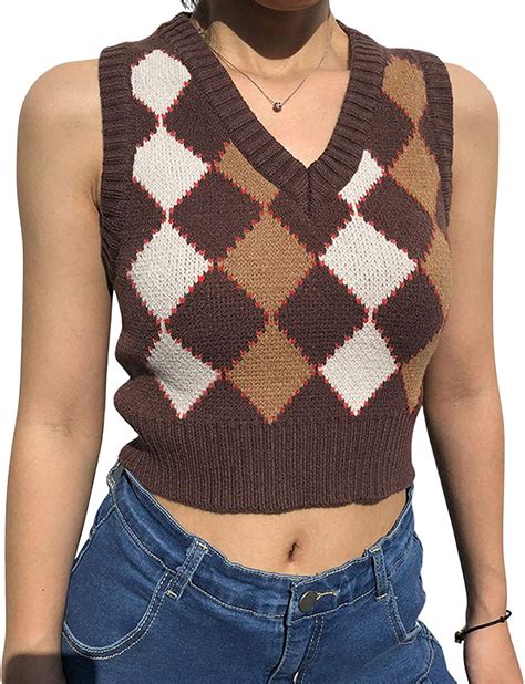 Amazon Com Women Preppy Style Knited Sweater Vest V Neck Argyle Plaid Knittedvest Vintage