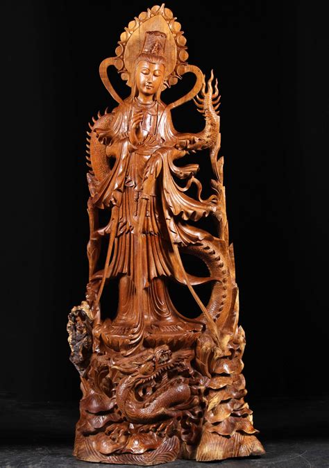 Wood Bodhisattva Kwan Yin Statue With Dragon 60 97bw12 Hindu Gods