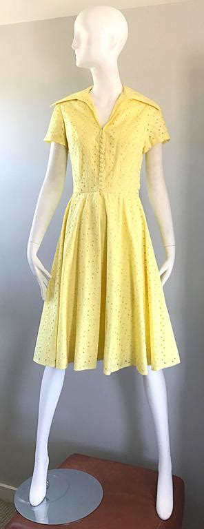 1950s Demi Couture Pale Yellow Eyelet Fit And Flare Short Sleeve Cotton