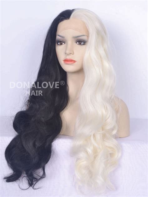 Half Black Half White Wavy Synthetic Lace Front Wig Sny093 Synthetic