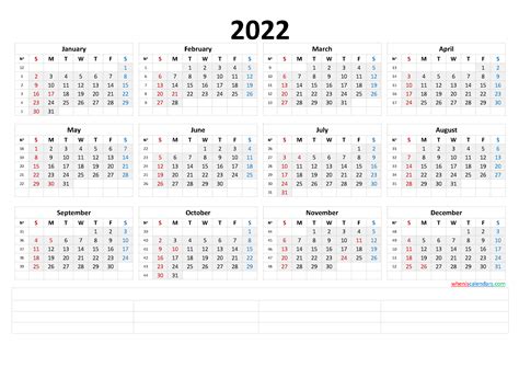 2022 Yearly Calendar Printable Uk