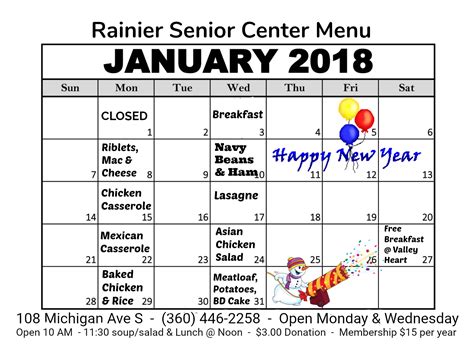 Senior Center Of Rainier News January 2018 Lunch Menu