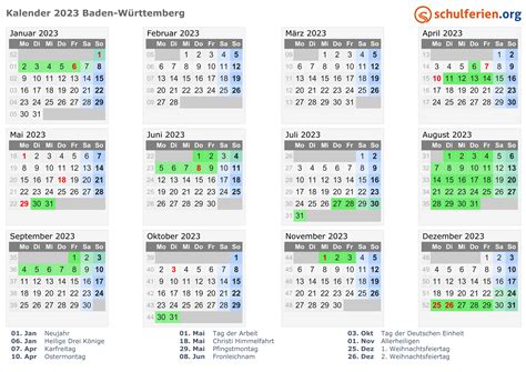 Kalender 2023 Ferien Baden Württemberg Feiertage