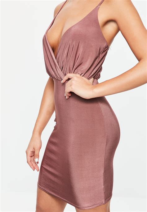 Missguided Synthetic Pink Slinky Wrap Strappy Plunge Bodycon Dress Lyst