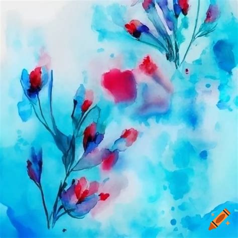 Contemporary Watercolor Painting Of Red Flowers On Blue And Green