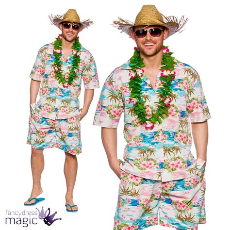 Hawaiian Party Guy Fancy Dress Costume Shirt Shorts Straw Hat Mens Luau