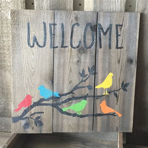 Welcome Birds On Branch Sign Handmade And Painted Rustic Etsy