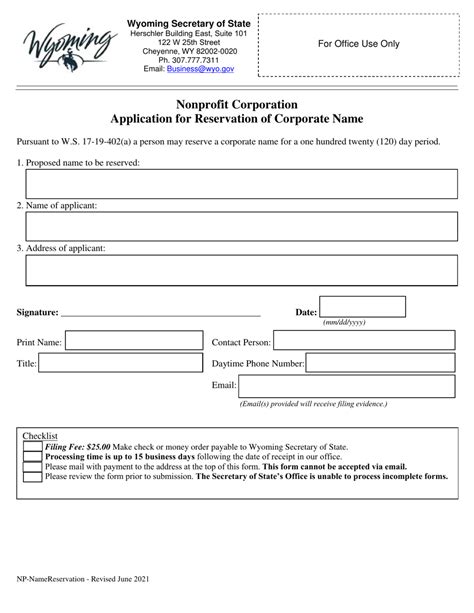 Wyoming Nonprofit Corporation Application For Reservation Of Corporate