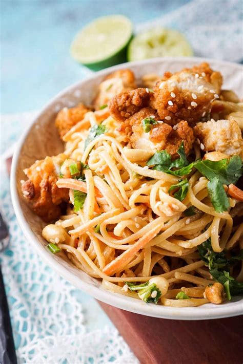 If you buy fried chicken in a crispy form; Crispy Chicken Thai Peanut Noodles - Sugar & Soul