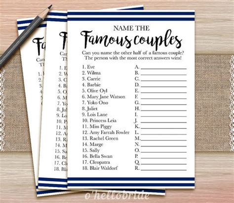 Name The Famous Couples Game Printable Navy Blue Bridal Etsy Uk