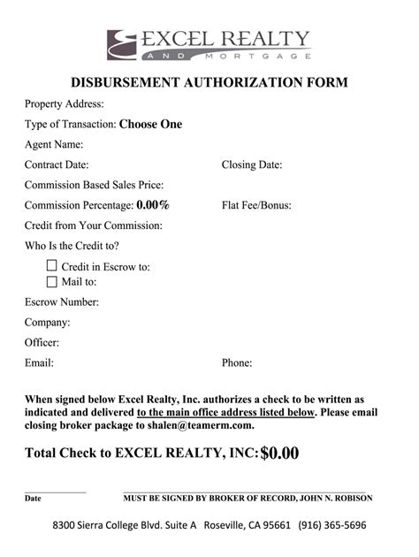 Excel Realty And Mortgage Disbursement Authorization Form Fill And