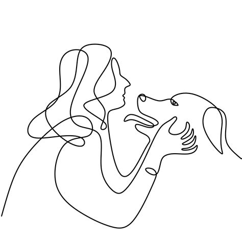 Continuous Line Drawing Of Woman Happy Pet Lover With Dog Young Female