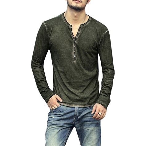 2018 Fashion Vintage Mens T Shirt Casual Long Sleeve Button V Neck T