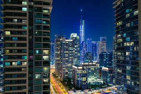 City Buildings During Night Time Photo Free Jbr Dubai United Arab