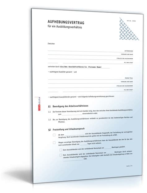 1 vorzeitiges ende des ausbildungsverhältnisses. Aufhebungsvertrag Ausbildungsverhältnis | Muster zum Download