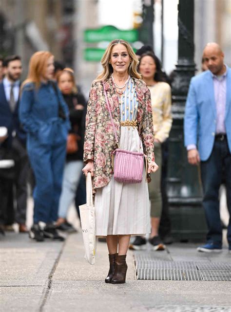 Sarah Jessica Parker Paired A Beaded Blouse With An Oversized Floral Blazer While Filming And