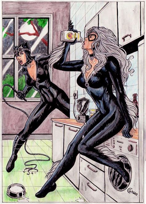 Black Cat And Catwoman By Cesar Grego Art Pinup Drawing Original