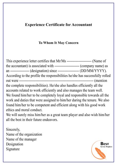 Experience Certificate For Accountant 01 Best Letter Template