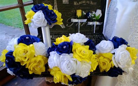 2 1/2 diameter all sizes are approximate measurements: 17 Piece Royal Blue Yellow White Rose Wedding Bouquet Silk ...