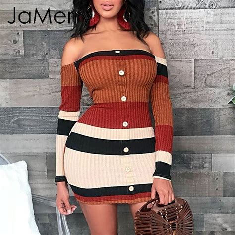 Jamerry Sexy Off Shoulder Striped Knitted Mini Dress Women Slim Bodycon