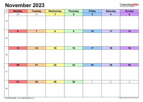 Calendar November 2023 Uk With Excel Word And Pdf Templates