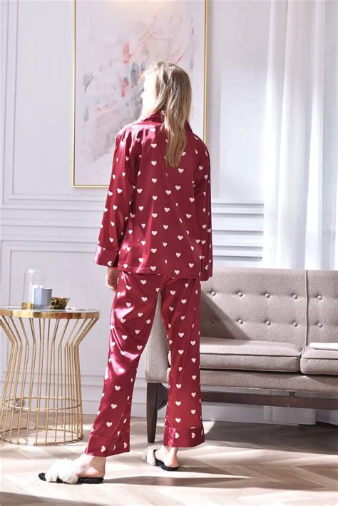 Xifenni Pajamas Sexy Faux Silk Sleepwear Female Fashion Heart Printed Satin Silk Long Sleeved