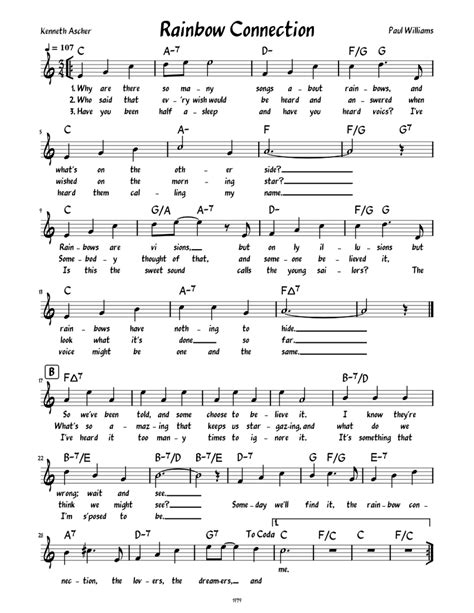 Rainbow Connection Lead Sheet With Lyrics Sheet Music For Piano